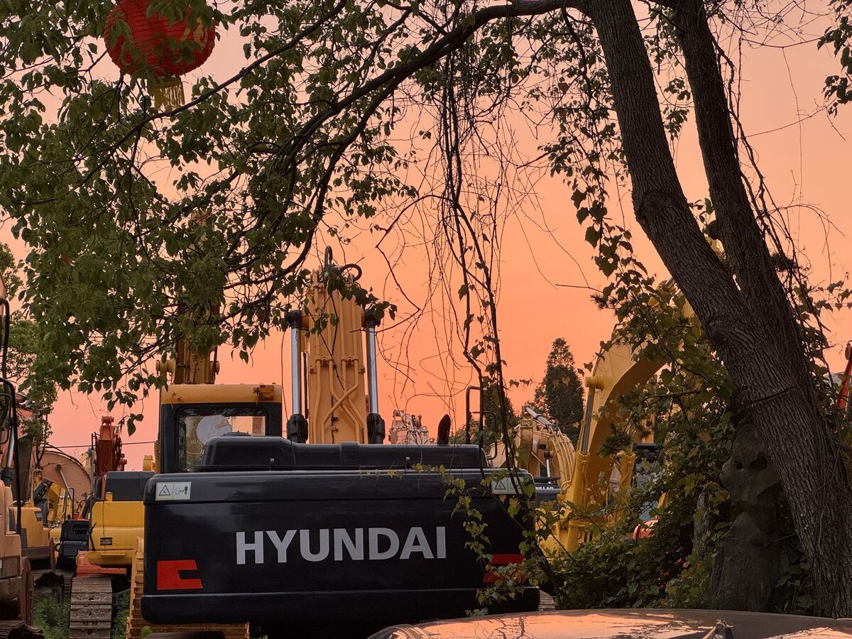 Equipment yard at sunset — excavators lined up with golden sky